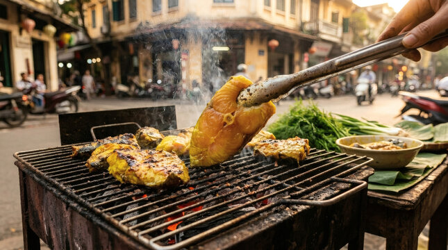 Cha Ca Vietnamese Grilled Fish with Turmeric Cooking on Charcoal BBQ
