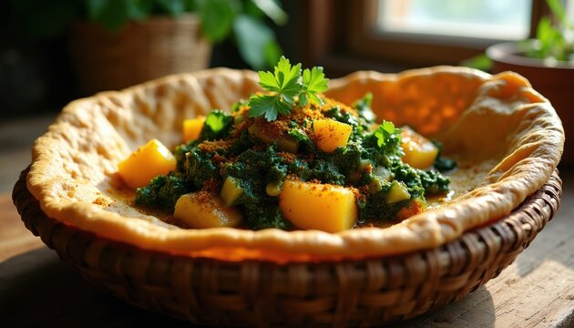 Ethiopian yeabesha gomen stew with cabbage and potatoes served in injera bread bowl. Richly spiced collard greens dish presented in rustic woven basket. Traditional African food from East Africa.