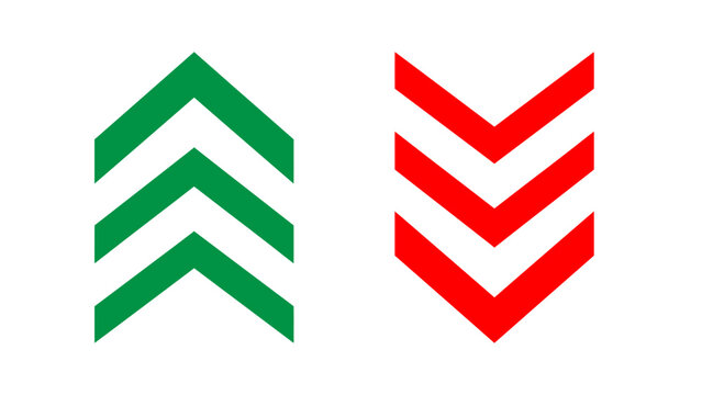 Green up chevron arrows and red down chevron arrows vector icon set for growth and decline indicators