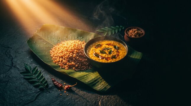 Moody cinematic Sri Lankan red rice and dhal curry on banana leaf dark background