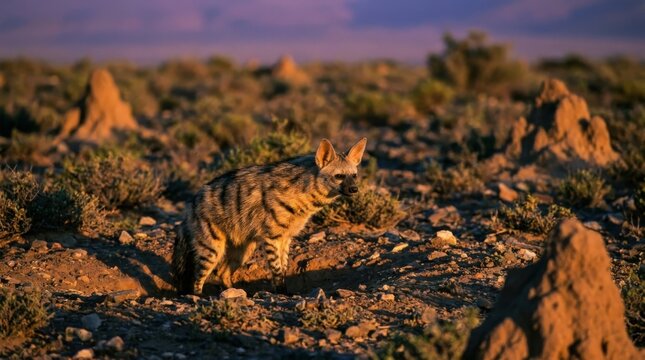 A rare aardwolf emerges from its den at dusk in the vast Karoo desert, showcasing its elusive nature and beautiful striped coat amidst termite mounds in a cinematic widescreen landscape view.