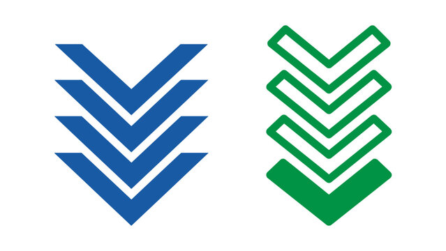 Blue and green downward chevron arrow icons vector set for scroll down navigation and download indicator