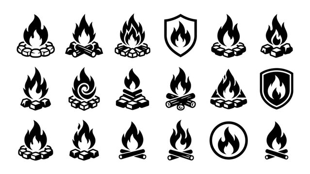Campfire and bonfire vector icon set with flames logs and stones for camping outdoor adventure and fire safety design