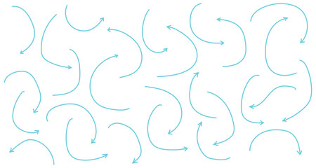 Fototapeta premium Blue arrow headed icon set on white page. Hand drawn curved arrow icon set on white page. Doodle hand drawn curved arrow icon set. EPS 10. 