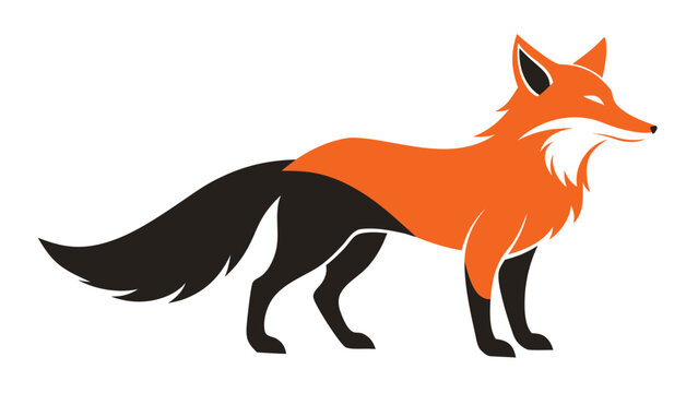 Stylized orange and black fox standing alert with closed eyes and bushy tail against a clean white background representing cunning and nature's elegance