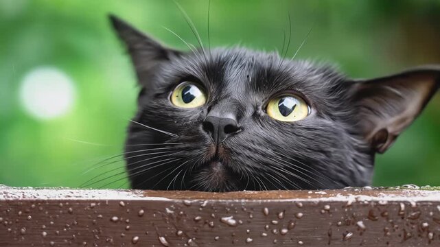 Black cat peeking over wet wooden fence in garden. Close-up shot of feline eyes and ears.