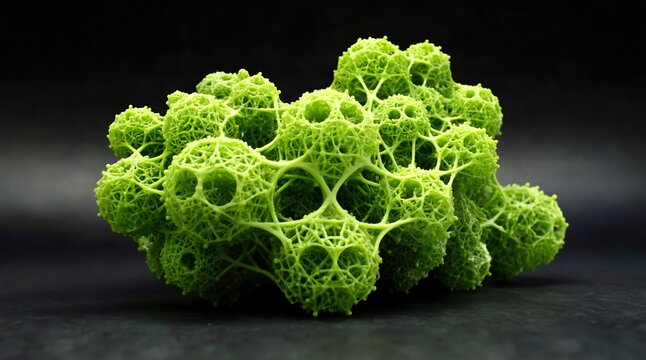 Green 3D printed lattice structure on dark background. Intricate mesh geometry and molecular model concept. Innovative engineering and additive manufacturing