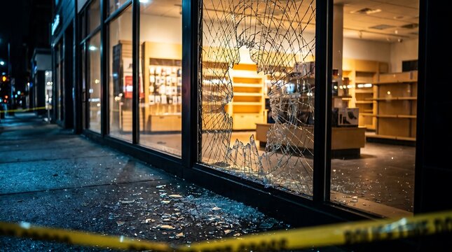 Shattered glass storefront window at night with police tape highlighting an urban crime scene.