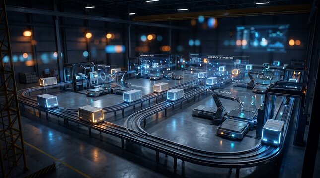 Automated robotic assembly line in a modern smart warehouse facility for industrial optimization.