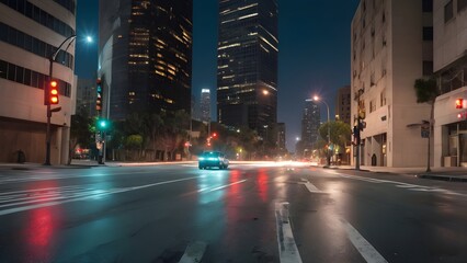 Fototapeta premium Dynamic wet city street at night reflecting urban lights and illuminated modern skyscrapers, with motion blur from a passing car.