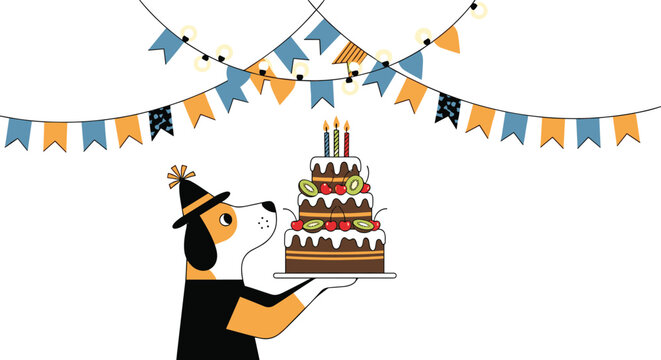 Happy dog wearing a party hat holding a large three tier chocolate birthday cake under festive celebration banners.