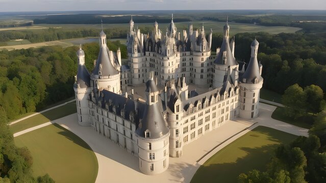 Aerial view of a majestic historic castle with numerous turrets, spires, and intricate architecture, surrounded by lush green grounds and forest.