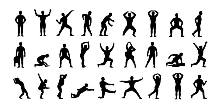 Pictogram Human Fitness Training Icons Set of Silhouettes for Gym Exercise, Stretching, Boxing, Martial Arts and Teamwork