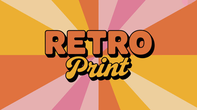 Retro print typography with radiating starburst pattern in shades of orange pink and yellow lines seventies 1970s vintage design graphic