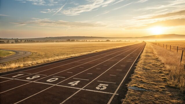 Serene Running Track at Sunrise with Misty Landscape in Background