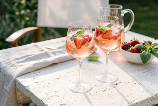 Two glasses of pink strawberry and basil spritz cocktail on a white stone table. Refreshing summer iced beverage outdoors in sunlight