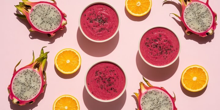 Flat lay of pink dragon fruit smoothie bowls with chia seeds. Tropical pitaya and orange slices on pink background with hard shadows. Healthy vegan breakfast concept