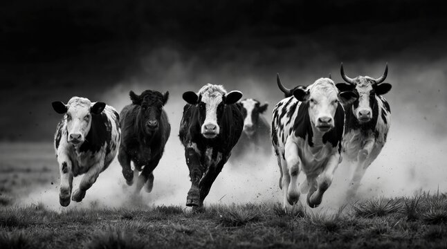 Herd of cows charging forward in a dusty field. Black and white action shot of cattle running. Farm animals in motion