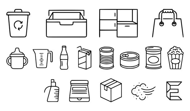 Thin Line Food Storage Packaging and Household Container Vector Icon Set