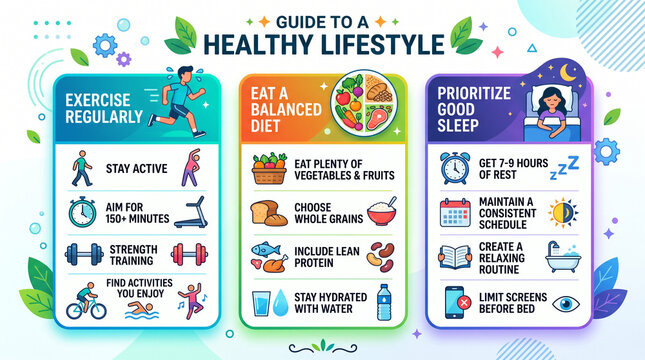 Infographic guide to a healthy lifestyle with exercise, diet, and sleep tips