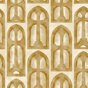 Golden watercolor khachkar seamless pattern with gothic arches