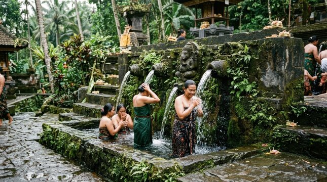 Balinese village bath with women bathing modestly under ancient stone water spouts in a lush tropical setting, capturing the serene spirit of traditional Balinese culture and daily temple life.