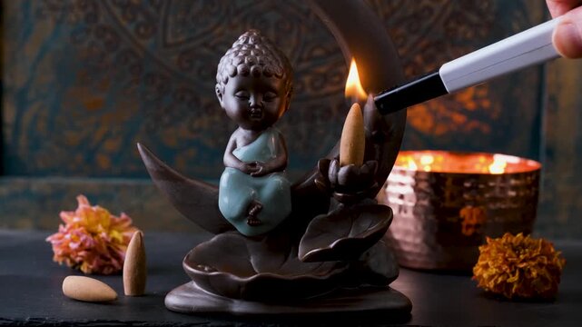 Lighting a backflow incense cone on a ceramic backflow incense holder, static shot