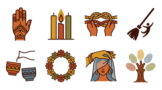 Set of pixel art icons representing ancient pagan and wiccan rituals, symbols, and celebrations including candles, witch's broom, goddess, and a wreath