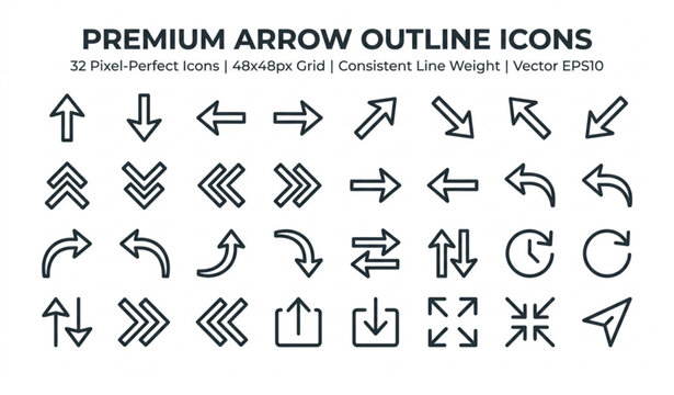 Pixel Perfect Arrow Outline Icons Vector Set Built on 48x48 Grid EPS10