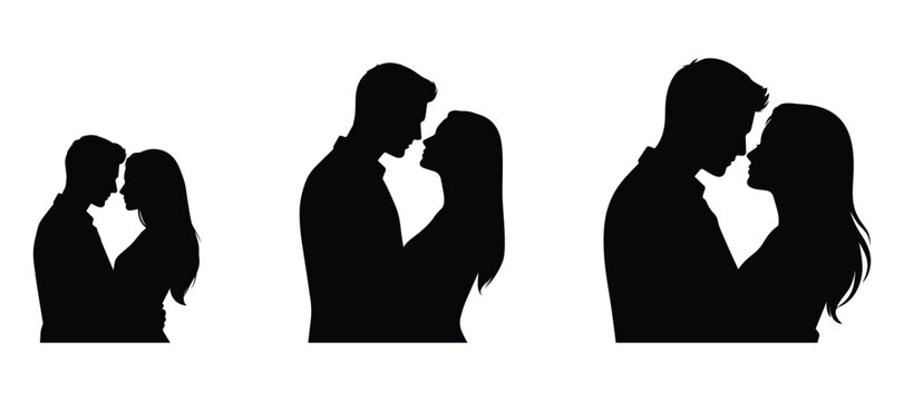 Romantic couple silhouette collection vector illustration featuring loving man and woman portrait poses isolated design set.