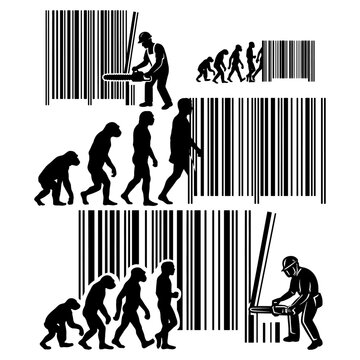 Anti consumerism and human evolution barcode silhouette vector pack. Flat solid black shapes of industrial worker and primate timeline isolated on white background