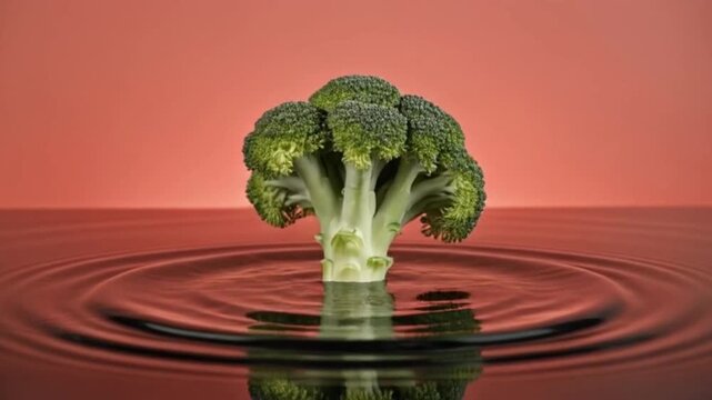 Dramatic slow motion video of broccoli landing softly on a mirror smooth water surface, creating concentric ripples, illuminated with professional tri point studio lighting, and warm coral background