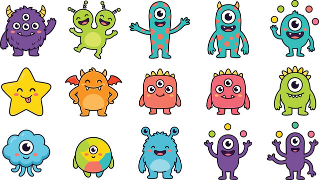 Cute Cartoon Monster Collection Featuring One-Eyed Aliens, Friendly Creatures, Fantasy Characters, and Kids&rsquo; Mascot Illustrations