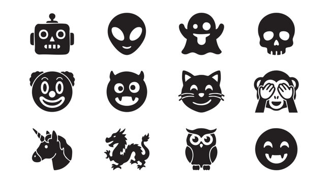 Funny Faces, Cartoon Characters, Icon Set, Black Silhouettes