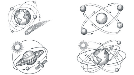Engraved vintage space illustrations with planets and celestial body. © abedin