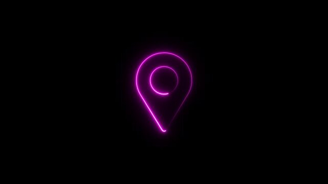 Glowing purple neon map pin isolated on a black background for navigation and location services digital interface