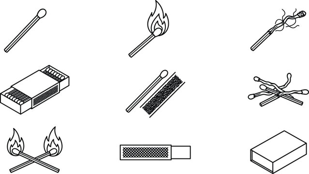 Matchstick and Matchbox Collection Featuring Ignition, Burning Matches, Fire Starting Tools, and Safety Hazard Illustrations