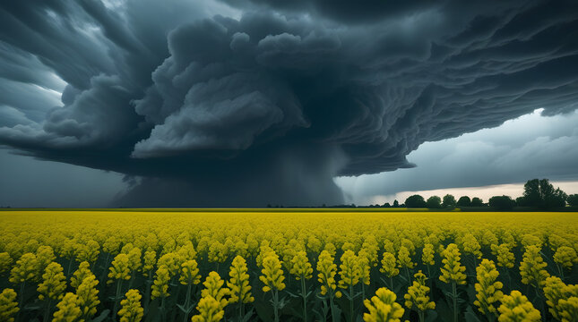 vibrant yellow rapeseed field under a dark dramatic storm sky