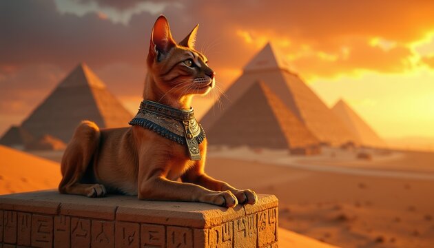 Sphinx cat sits regally on ancient stone base. Pyramids rise in desert at sunset. Warm orange sky glows above Egyptian landscape. Majestic feline wears ornate collar.
