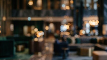 Obraz premium Blurred luxury hotel lobby interior background bokeh light warm atmosphere elegant lounge space modern furniture restaurant boutique store