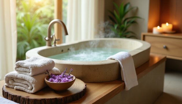 Soaking tub filled with bubbly water. White towels and purple flower petals await in serene spa setting. Warm candles glow near cabinet. Nature view outside window.