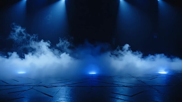 Dark stage with blue spotlights and dense fog.