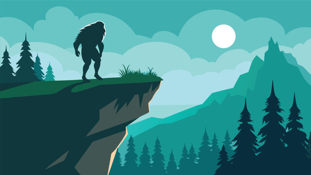 Bigfoot silhouette on cliff edge overlooking misty mountains during a full moon night with atmospheric clouds