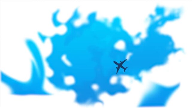 Airplane Silhouette Flying High Overhead Viewed From Below Through Clouds Animation.  worm's-eye view Plane Crossing The Frame in Blue sky with soft clouds. 