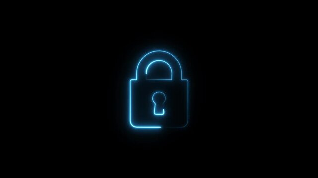 Glowing blue neon padlock centered on a dark black background representing digital security and data protection concepts for web interface