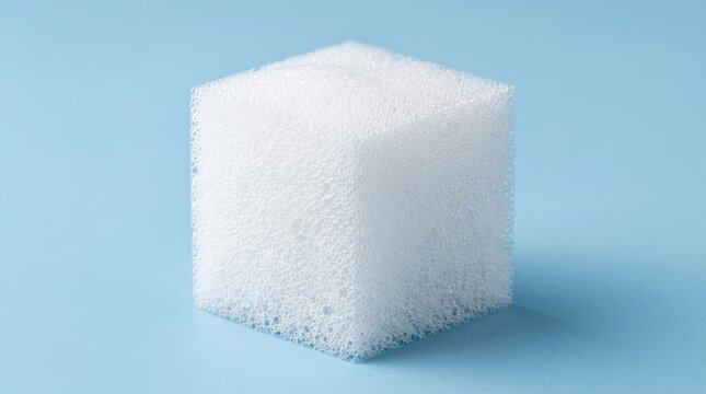 A clean white foam cube sits on a smooth pastel blue background, representing simplicity and purity.