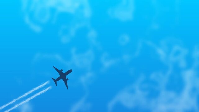 Airplane Flying Through Blue Sky With Contrail Smoke Trails Animation.  viewed from below aircraft silhouette moves across the frame.aviation concept and travel concept