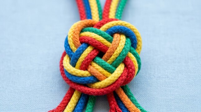 Vibrant multicolored woven knot on light blue background for decoration.