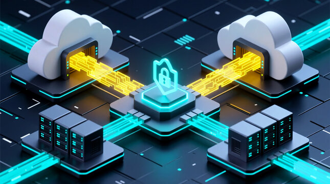 Illustrating secure data distribution and traffic load balancing in modern cloud server computing infrastructure showing robust cybersecurity for enterprise system performance