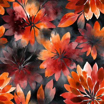 Watercolor pennsylvania dutch seamless pattern with orange flowers